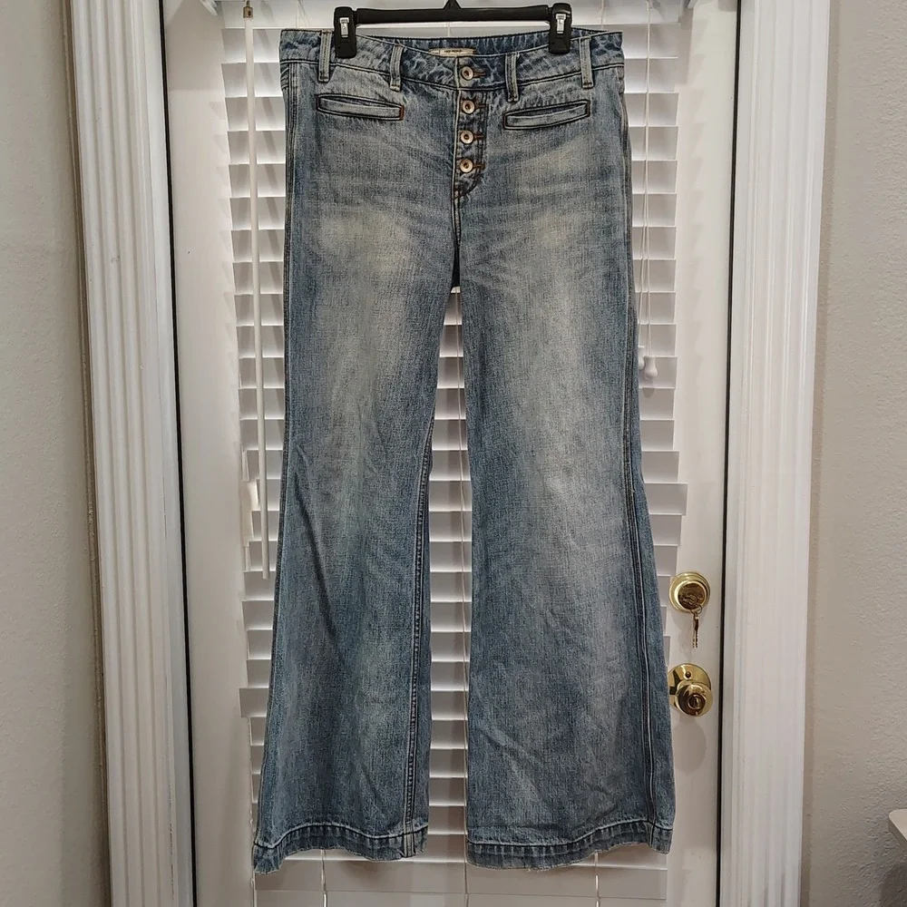 Free People Wide Leg Flare Jeans Womens 29 Blue Button Fly High Rise Boho 70s